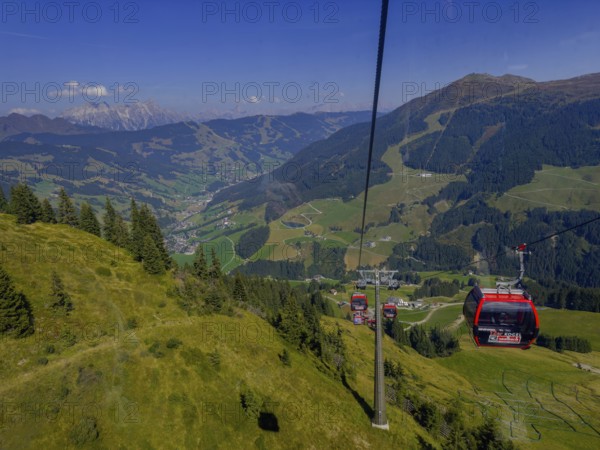 Tyrolean mountains near Saalbach-Hinterglemm, 12er Kogel cable car with view of Saalbach, Tyrol, Austria, Europe