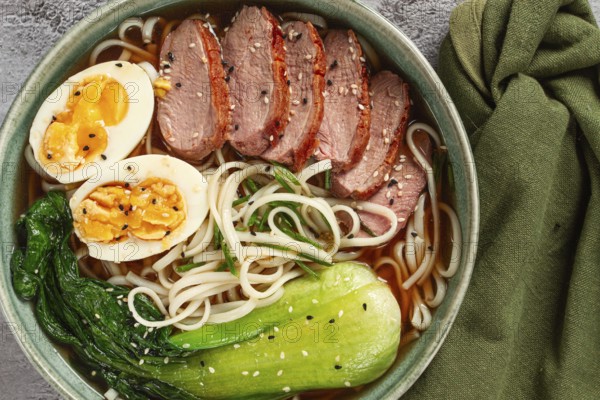 Ramen soup with duck and noodles, with eggs and bok choy, homemade, no people
