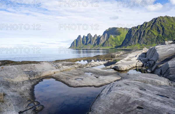 Tidal pools, rocky coast of Tungeneset, Devil's Teeth, Devil's Teeth, Okshornan, Ersfjorden, Senja Island, Troms, Norway, Europe