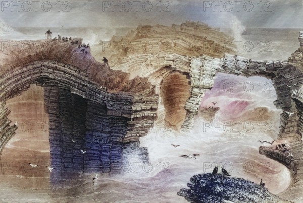 Natural bridges near Kilkee, County Clare, Ireland, from the Scenery and Antiquities of Ireland, 1841, digital reproduction of a historical model, Europe