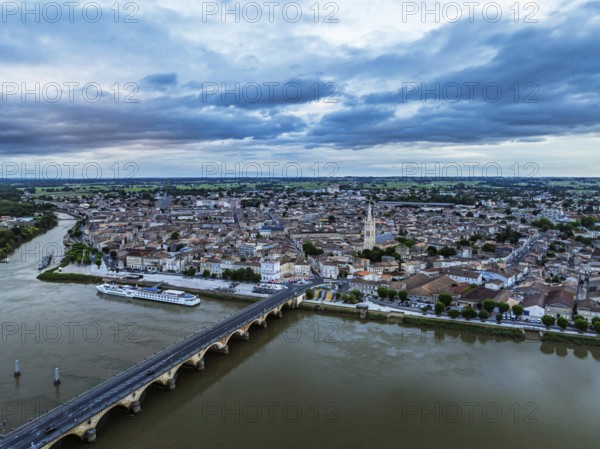 Twilight over Libourne from a drone, Gironde, Nouvelle-Aquitaine, Saint-Émilion and Pomerol, Southwestern France