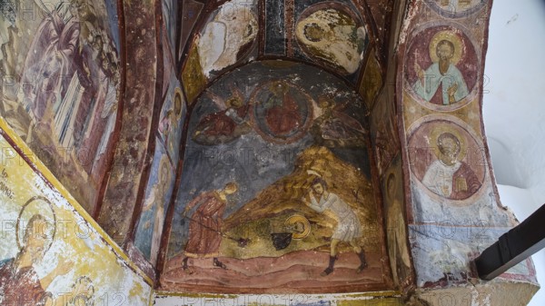 Medieval fresco with religious figures and a mountain scene, Burial of St John the Apostle, Monastery of St John the Theologian, Monastery of St John the Theologian, World Heritage Site 1999, Patmos, Dodecanese, Greek Islands, Greece, Europe