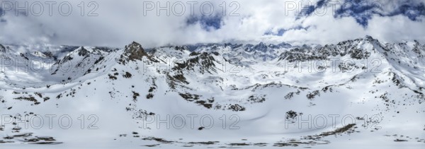 Aerial view, Alpine panorama with Piz Laviner, winter in the high mountains, Albula Alps, Rhaetian Alps, Grisons, Switzerland, Europe