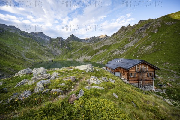 Cabane du Louvie mountain hut and Lac du Louvie mountain lake, Valais Alps, Val de Bagnes, Valais, Switzerland, Europe