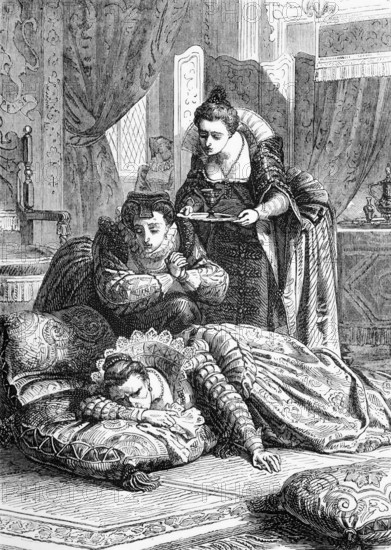 After the death of Catherine Howard, Countess of Nottingham, the niece of her cousin and close friend, Elizabeth fell ill and died on 24 March 1603 between two and three in the morning at Richmond Palace, England, digital reproduction of a historical original