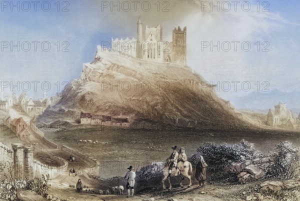 Approach to Cashel from the north, Connemara, County Galway, Ireland, from the Landscape and Antiquities of Ireland, 1841, digital reproduction of a historical model, Europe