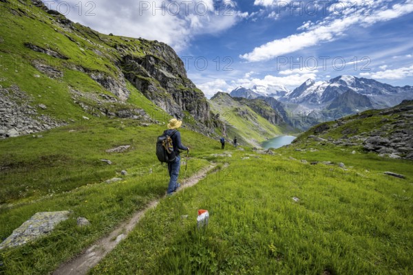 Mountaineer on hiking trail in mountain landscape, descent from Col du Louvie, view of Lac du Louvie and glaciated mountain peaks of the Grand Combine, Valais Alps, Val de Bagnes, Valais, Switzerland, Europe