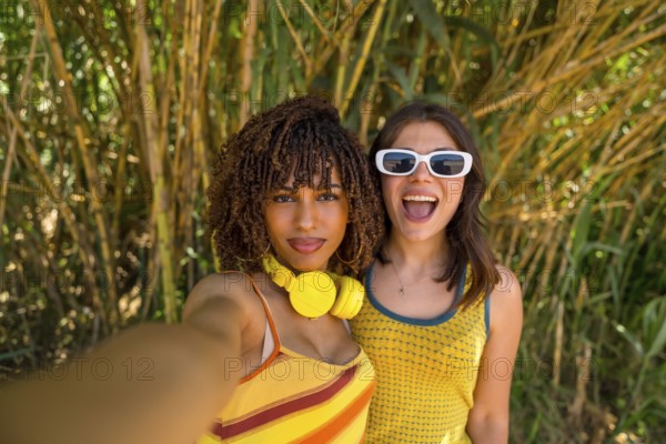 Two cheerful female friends capturing a joyful selfie while enjoying their vacation in a lush bamboo forest, surrounded by vibrant greenery