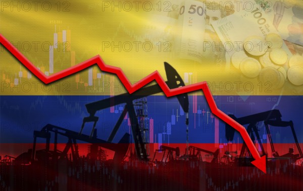 Petrol crisis with Colombia flag on financial graph. Fall oil price with flag of Colombia on economic chart