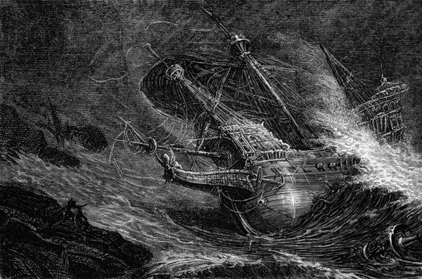 After their defeat at the Battle of Gravelines in September 1588, the Spanish Armada attempted to return home via the North Atlantic, but was blown off course by violent storms and driven towards the west coast of Ireland, where up to 24 ships of the Armada were shipwrecked on a rocky coast, digital reproduction of a historical model