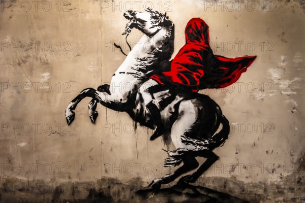 Banksy - Blind Napoleon, reinterpretation of the painting by Jacques-Louis David, metaphor for political misdirection, 2018, Paris, France, exhibition The World of Banksy, Europe