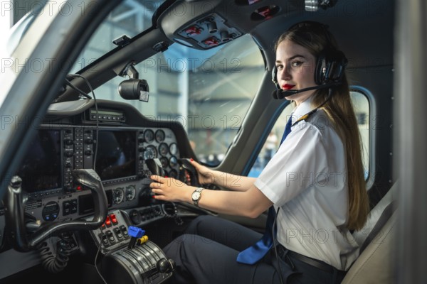 Young woman pilot sitting in the cockpit of a modern aircraft, adjusting controls and preparing for flight takeoff