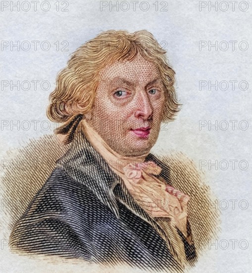 Thomas Gainsborough, RA FRSA, (born 14 May 1727 in Sudbury, Suffolk, died 2 August 1788 in London) was an English painter who devoted himself particularly to portrait and landscape painting, coloured woodcut from Crabbe's Historical Dictionary from 1825, Historical, digital reproduction