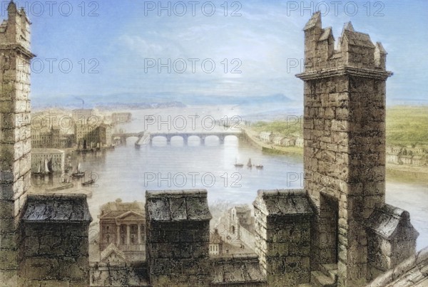 The Shannon from the tower of Limerick Cathedral, Ireland, from the Landscape and Antiquities of Ireland, 1841, digital reproduction of a historical model, Europe