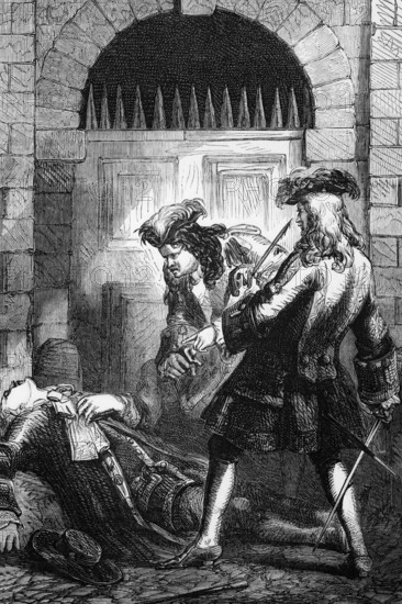 Out of jealousy of a woman, Captain Richard Hill and Charles Mohun, 4th Baron Mohun, attacked William Mountfort, an actor and playwright, in Howard Street in the Strand on 9 December 1692. During the fight, Mountfort was stabbed in the chest by Hill and succumbed to his injuries the following day, England, digital reproduction of a historical model