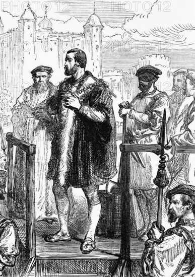 The execution of Edward Stafford, 3rd Duke of Buckingham (1478 to 1521), after his arrest for potentially treasonable acts by Henry VIII in April 1521. He was executed on Tower Hill, England, on 17 May 1521, digital reproduction of a historical original