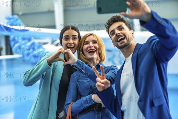 Three happy friends are taking a selfie in a hangar, making heart and victory signs, celebrating their private jet purchase