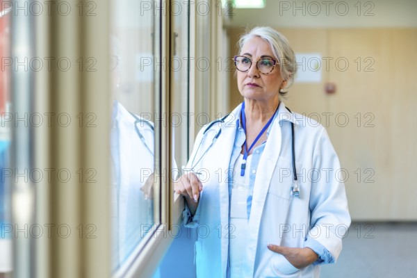 Thoughtful senior female doctor wearing lab coat and stethoscope looking through window in hospital corridor