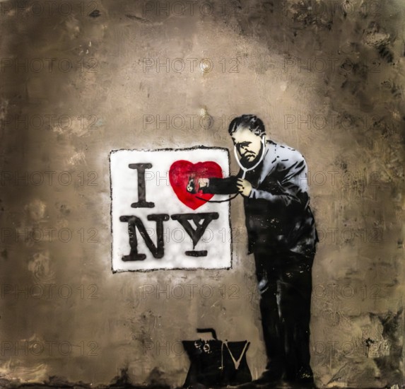 Banksy - Peaceful Hearts Doctor, symbol of care in urban chaos, 2010, San Francisco, USA, exhibition The World of Banksy, North America
