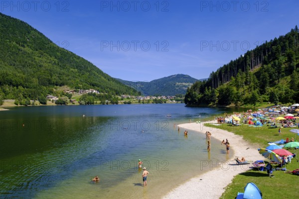 Bathing beach at Lago delle Piazze, reservoir, Val di Pine, Cembra Valley, Val di Cembra, Trentino, Italy, Europe