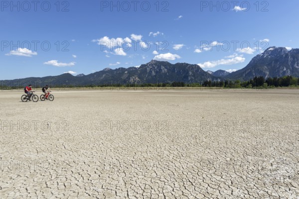 Cracked, dried out ground, waterless Forggensee in spring, behind it Tegelberg massif and Säuling, Ammergau Alps, near Füssen, Ostallgäu, Bavaria, Germany, Europe