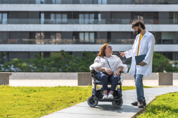 Doctor talking with smiling disabled woman in wheelchair, enjoying sunny day in urban park near hospital, promoting accessibility and healthcare