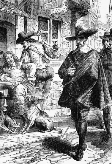 Puritans walk past a group of drinking Cavaliers, 1630. In the run-up to the English Civil War, sympathisers of the monarchy were called Royalists or Cavaliers, and those who opposed the Royalists were Puritans or Roundheads, England, digital reproduction of a historical original