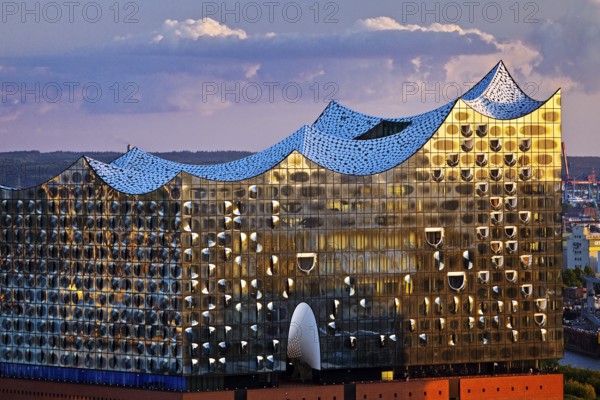 View of the Elbphilharmonie in the evening light from the St Nikolai memorial, Hamburg, Germany, Europe