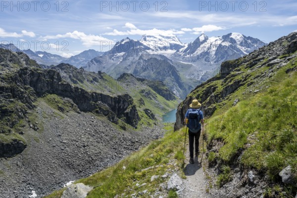Mountaineer on hiking trail in mountain landscape, descent at Col du Louvie, view of the summit of the Grand Combine, Valais Alps, Val de Bagnes, Valais, Switzerland, Europe