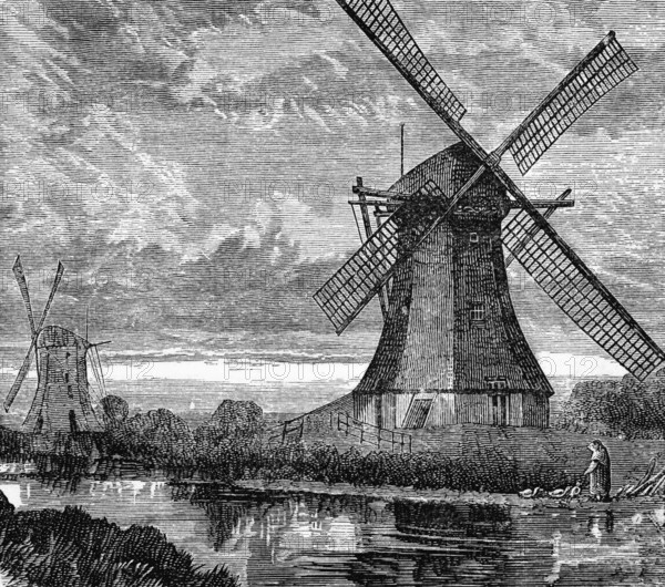 Windmills for draining the polder, around 1870, Netherlands, digital reproduction of a historical model