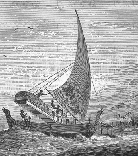 Equipped canoe or prau, c. 1870, Malaya, digital reproduction of a historical model