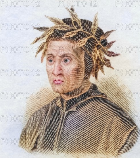 Dante Alighieri, (born 29 May 1265 in Florence, died 14 September 1321 in Ravenna) was an Italian poet and philosopher, coloured woodcut from Crabbe's Historical Dictionary from 1825, Historical, digital reproduction