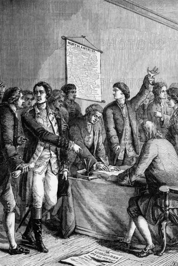The signing of the American Declaration of Independence in the Pennsylvania State House. A declaration adopted by the Continental Congress on 4 July 1776 proclaiming that the thirteen American colonies, then at war with Great Britain, looking at themselves independent states and were no longer part of the British Empire, digital reproduction of a historical original