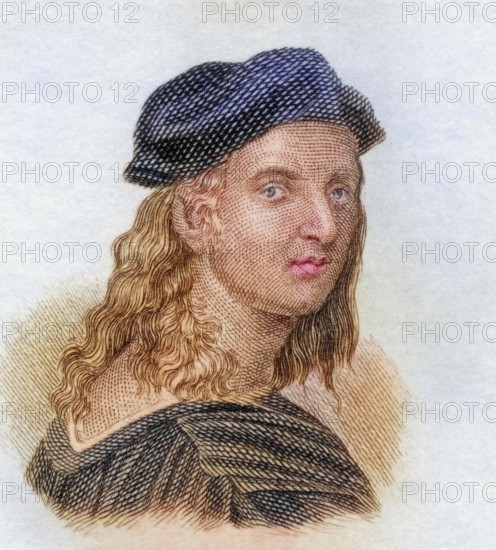 Raffaello Sanzio da Urbino, also known as Raphael da Urbino, Raffaello Santi or Raphael for short, (born 6 April or 28 March 1483 in Urbino, died April 1520 in Rome) was an Italian painter and architect, coloured woodcut from Crabbe's Historical Dictionary from 1825, Historical, digital reproduction