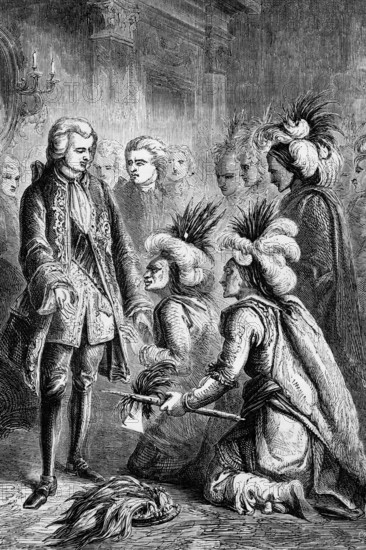 A visiting group of Indians from the North American colonies at the court of George III in London, 1777, England, digital reproduction of a historical model