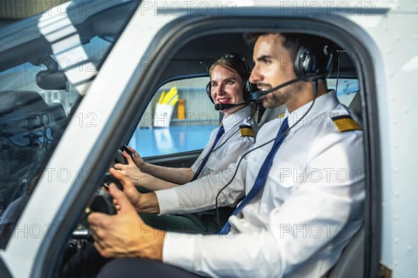 Male and female pilots, wearing headsets and smiling, operating a small airplane inside a hangar, embodying the spirit of aviation