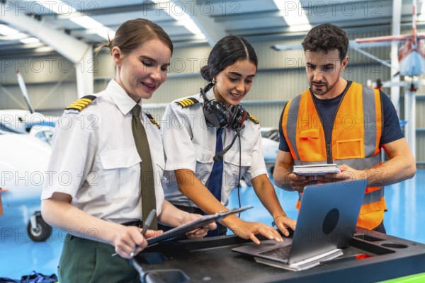 Aviation maintenance team working together, using a laptop and checklists for pre flight inspection and airplane maintenance