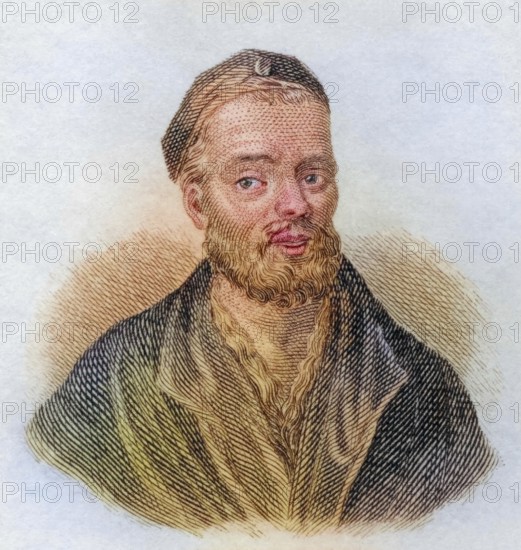 Francois Rabelais, (born around 1494, perhaps 1483 in La Devinière, died 9 April 1553 in Paris) was a French Renaissance writer, humanist, Roman Catholic friar and secular priest, practising physician and lecturer, coloured woodcut from Crabbe's Historical Dictionary from 1825, Historical, digital reproduction