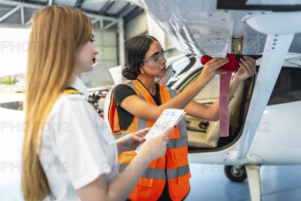 Female aircraft maintenance engineer inspecting airplane wing with pilot holding checklist in hangar