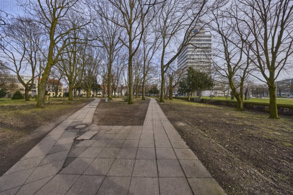 Allianz-Hochhaus, Neustädter cemetery, historic cemetery, lawn, path, paving slabs, bare winter trees, diffuse light, pale blue cloudy sky, slightly sunny, Hanover, state capital, Hanover region, Lower Saxony, Germany, Europe
