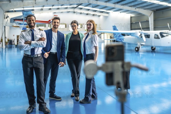 Pilots and a manager recording a video on a smartphone mounted on a tripod inside an aircraft hangar, showcasing teamwork in aviation