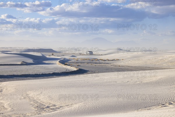 Cleared roads through the white gypsum dunes at White Sands National Park in Alamogordo, New Mexico, USA, North America