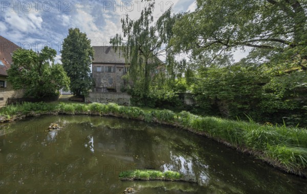 Historic farmhouses by a village pond, Kleingeschaidt, Middle Franconia, Bavaria, Germany, Europe