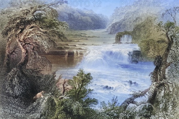 Salmon Leap near Leixlip, County Kildare, Ireland, from the Landscape and Antiquities of Ireland, 1841, digital reproduction of a historical model, Europe