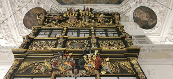 The Evangelical Lutheran St Laurentius Church in Thurnau, the lords' lodge in the west of the church, Kulmbach district, Upper Franconia, Bavaria, Germany, Europe