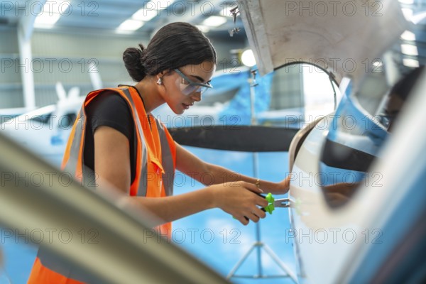 Technician in a hangar performing maintenance on an aircraft engine, wearing safety gear and using tools with precision and focus