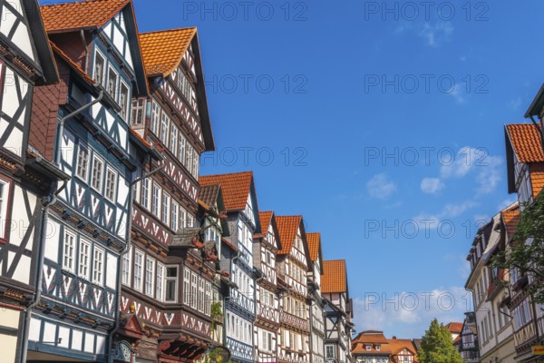 Bad Sooden, Allendorf, Allendorf district, historic old town with numerous half-timbered houses under monument protection, gabled houses, pointed gables, bay windows, Werra, blue sky, clouds, Meissner district, Hesse, Germany, Europe