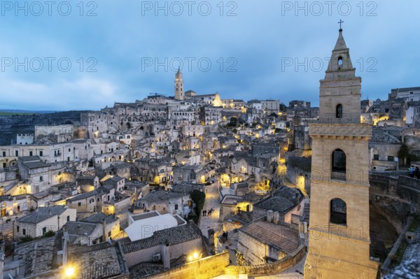Panoramic View of Sassi di Matera at night, Sasso Barisano, Basilicata, Italy, Europe
