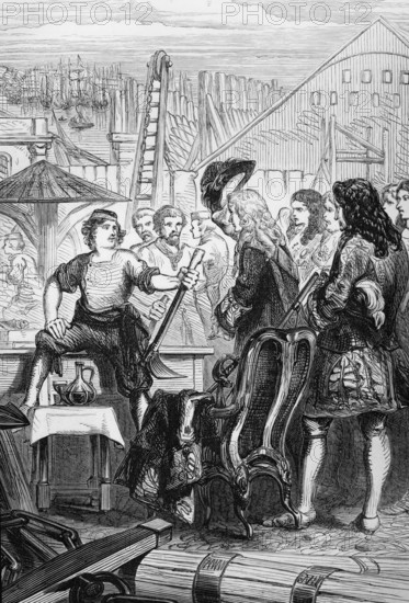 Peter the Great in a British shipyard in January 1698, having arrived in England from Holland and determined to study the mathematical precision of superior English shipbuilding techniques, digital reproduction of a historical model