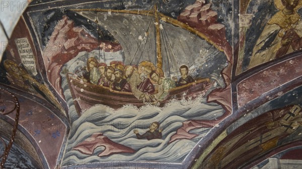 Medieval fresco of a boat with saints on a stormy sea, Apostle John sailing from Ephesus to Patmos, Rescue of a man in distress at sea, Monastery of St John the Theologian, Monastery of St John the Theologian, World Heritage Site 1999, Patmos, Dodecanese, Greek Islands, Greece, Europe